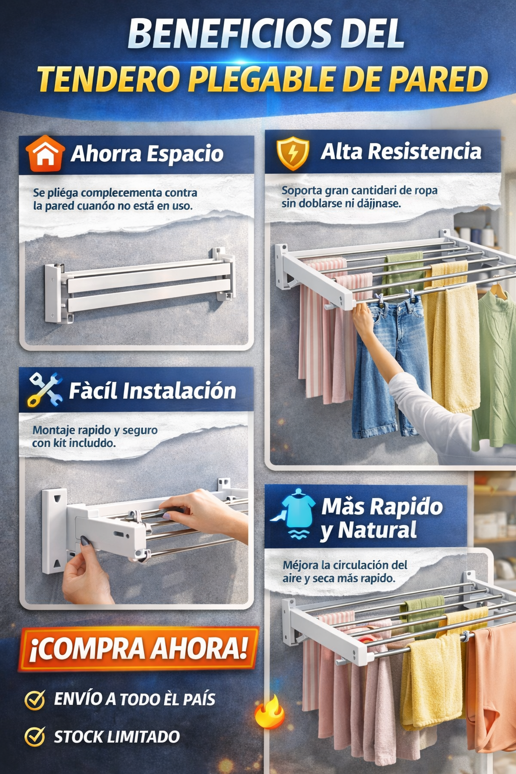 Tendedero plegable de pared retráctil para ahorrar espacio